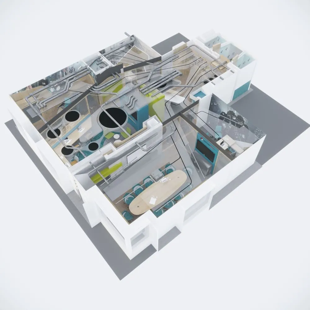 An exploded axonometric rendering of an office interior