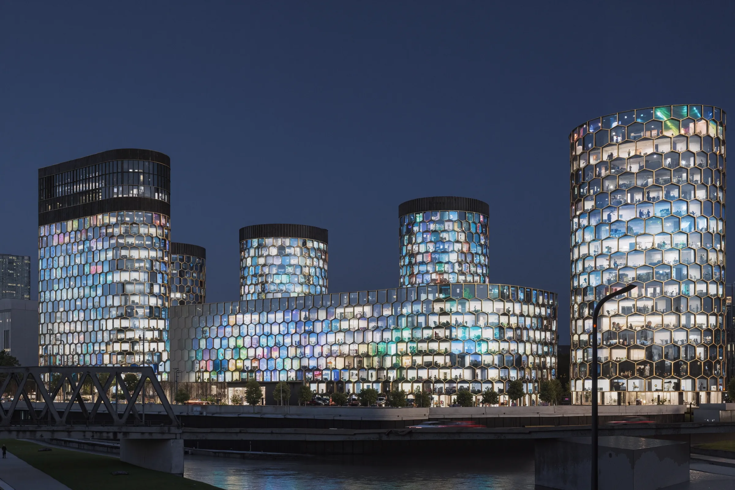 Honeycomb facade after dark
