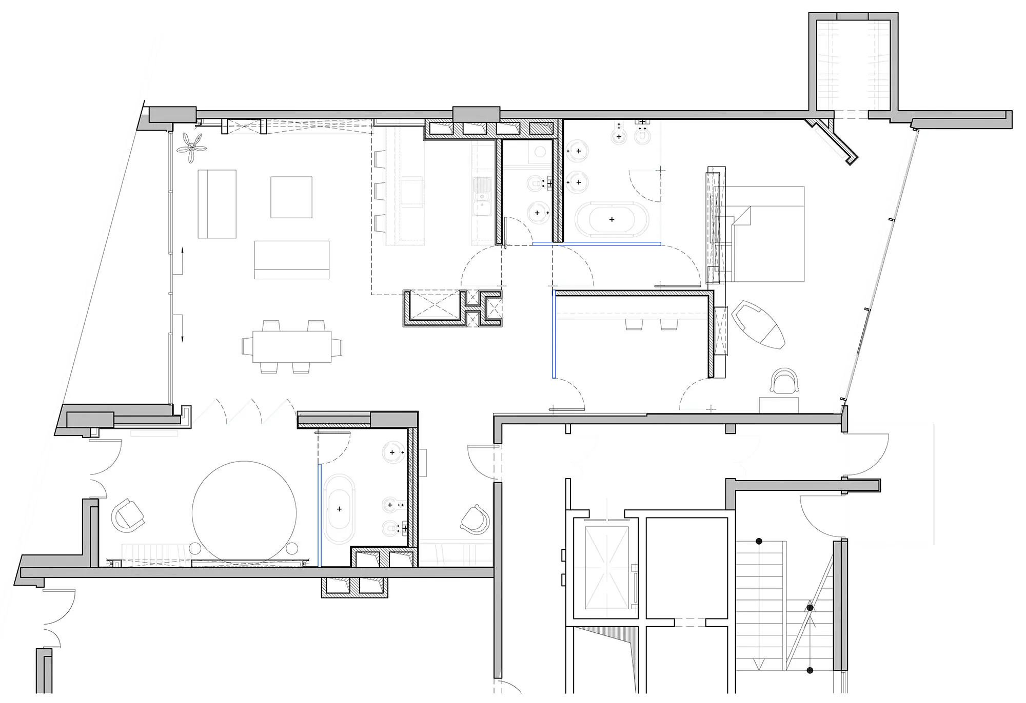 The plan is asymmetric and fluid with a continuous flow of space