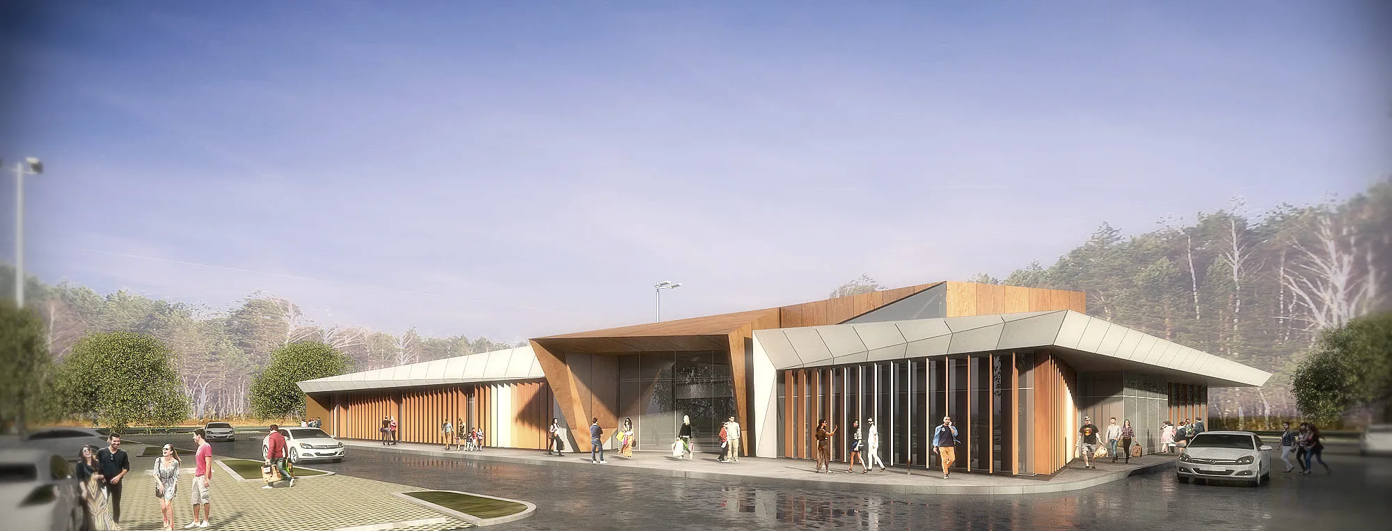 A rendered public frontage with people and sheltered entrances